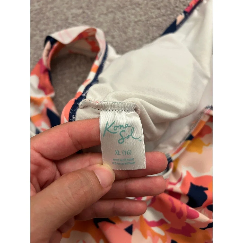 Kona Sol One Piece Swimsuit Women XL 16 Navy Pink Floral Ruffle Ruched Excellent